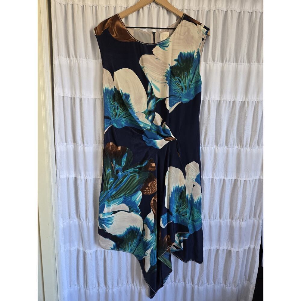 Coquille Anthropologie Tropical Midi Floral Silk Dress Boho Coastal Blue Whimsy - Picture 2 of 5